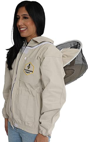 Beekeeping Jacket with Round Veil and Gloves, Natural Canvas Bee Jacket with Durable YKK Brass Zippers for Professional & Hobby Beekeepers (Small)