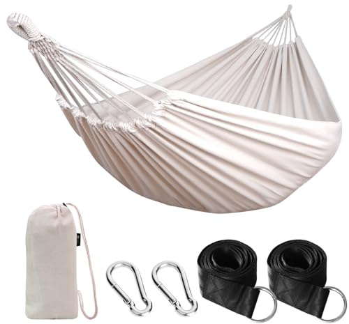 ANYOO Amaca da Giardino in Cotone Tessuto Comodo con Cinghie Rispettose degli Alberi per Appendere, Durevole Amaca Portatile con Borsa da Viaggio per Campeggio, Esterno/Interno, Balcone, Patio