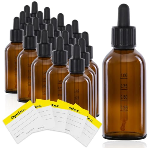 Oputec 20x 100ml Pipettenflaschen Braunglas mit Glaspipette & Skala + Etiketten – Tropfflaschen auslaufsicher, Apothekerflaschen für ätherische Öle, Tinkturen, Kosmetik, Lebensmittel