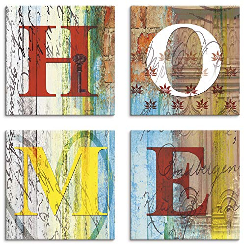 ARTLAND Wanddeko Leinwand Bilder Set 4tlg. je 30x30 cm Quadratisch Bilder mit Sprüchen Buntes Zuhause J5BQ