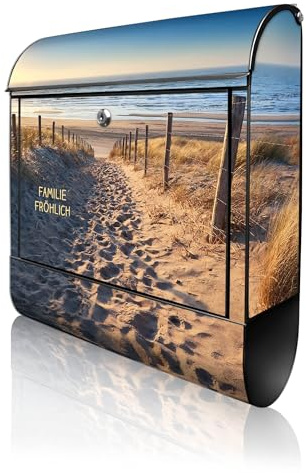 banjado Design Briefkasten personalisiert 38,5x46,5x13cm & 2 Schlüssel - Briefkasten Stahl Schwarz Zeitungsfach pulverbeschichtet - Postkasten A4 Einwurf inkl. Montagematerial - Motiv Nordseestrand