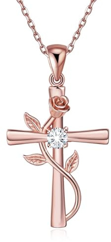 BlingGem Ketten Damen Kreuz 925 Sterling Silber Rotgold vergoldet mit Rundschliff Zirkonia Kreuz Rosen-Blume Anhänger Halsketten Frauen,18 Inch