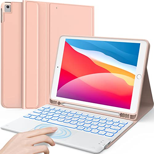Earto Tastatur Hülle für iPad 8 Gen 10.2 Zoll 7/8 Gen | Touchpad, 7 Farben Beleuchtung, Abnehmbare QWERTZ Tastatur, Kabellos, Kompatibel mit Air 3/Pro 10.5, Roségold 