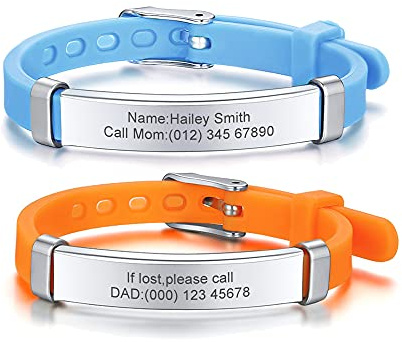 PJ JEWELLERY Notfallarmband SOS Armband Kinder Personalisierte - 2 Stück Edelstahl Silikonband Sicherheitsarmband Gravur Kleinkind Anti-Verlust Armbänder für Kinder Notfall Armband für Mädchen Jungen