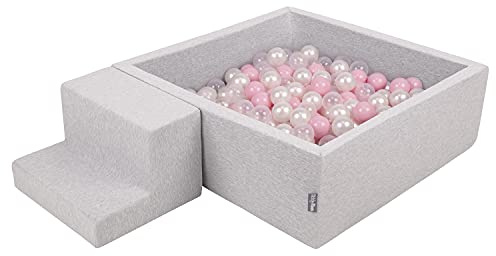 KiddyMoon Spielplatz Aus Schaumstoff Mit Quadrat Bällebad (200 Bälle) Ballgruben Für Babys Spielbad Hindernisläufen, Hergestellt In Der EU, Hellgrau:Puderrosa/Perle/Transparent