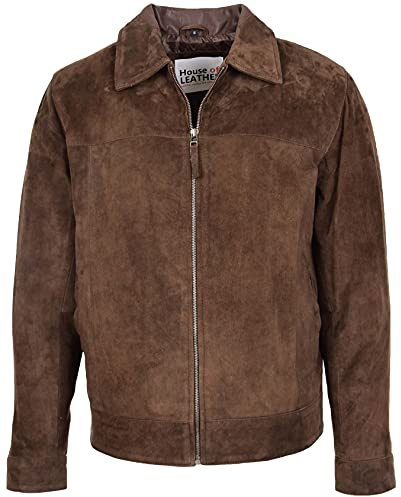 Chaqueta Harrington de ante real para hombre con cremallera clásica estilo Larry, marrón, L
