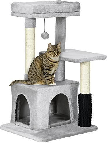 PawHut Cat Tree with Scratch Post Condo Perch for Indoor Cats, 85cm, Grey | Kitten Scratch Post, Activity Center, Massage Toy, Hanging Ball, Bed, Condo, Perch