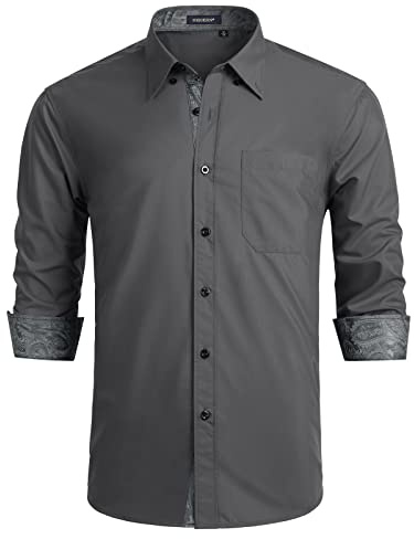 HISDERN Herrskjortor L?ng?rmade Gr? Smart Stretch Strykfri Button Down Formella Kl?dda Skjortor F?r Herr Normal Passform Br?llopsfest Kontor Med Fickor, Gr?, M
