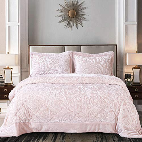 PRIME LINENS Heavy Super Soft Fleece Quilted Bedspread 3pcs Large Bed Throw with Hypoallergenic Pillow Set - Large Super King Size Bed Throws and Bedspreads - Pink