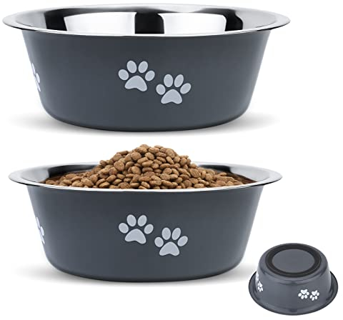PETTOM 2 Stück Edelstahl Fressnapf Hund (1560 ML), Hundenapf Futternapf Hund aus Edelstahl mit Rutschfestem Silikonboden für Große, Mittelgroße Kleine Hunde, Trinknapf für Hunde, M - 21 cm, Grau