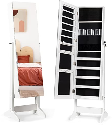 RELAX4LIFE Schmuckschrank Drehbar & Abschließbar, Spiegelschrank mit Kippbarem Ganzkörperspiegel, Schmuckorganizer für Ohrringe & Armband & Kette & Ringe & Kosmetik (Weiß)