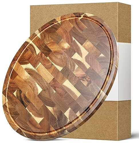HEZHEN Cutting Board, End Wood Grain Chopper Board, Built-In Juice Grooves& Handle, Acacia Wood Oval Serving Board, Kitchen Accessory