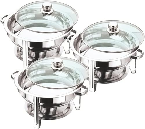 Aspect Pack of 3 Chafing Dish Buffet Set,Stainless Steel Round Chafing Dishes&Food Warmers,Buffet Server Food Warmer with Glass Lid,Food&Water Pan, Frame for Restaurant Catering Parties Weddings-4.5L
