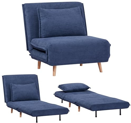 EVERGREENWEB Sillón-Cama 1 Plaza Convertible, Sofá Cama con Colchón Individual 80x190 cm, Tejido Azul, Almohada Acolchada Extraíble Incluida, Respaldo Ajustable Clic Clac con Patas de Madera | Velvet
