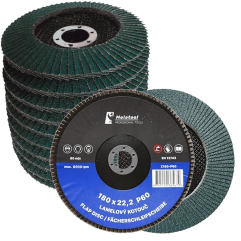Molatool Professionell fläktskiva 180 x 22,2, korn 60, för metall, trä, stål, exakt slipning, lamellskivor, 5 stycken slipmopteller/fläktslipskivor/slipskivor 180 mm vinkelslip