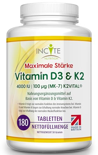 Incite Nutrition Vitamin D3 4000 IE + K2 (MK7) 100 µg – 180 hochdosierte Tabletten - Premium-Qualität – Vorrat für 23 Monate - Vitamin D3 und K2 – vegan – Hergestellt im Vereinigten Königreich