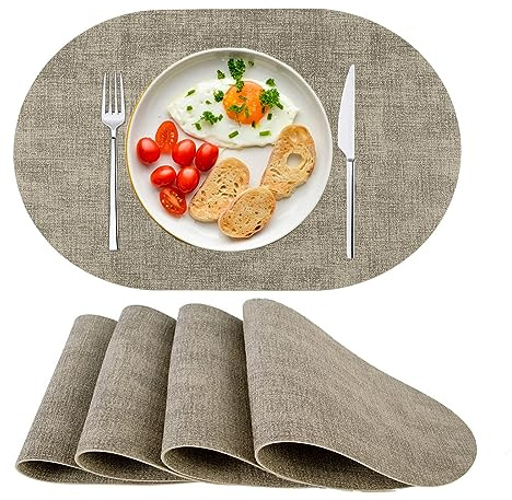 Tischsets Platzsets Abwaschbar Platzset Oval PU Leder Platzdeckchen 4er Set | Rutschfest Hitzebeständig Platmats für Esstisch Küche Beige
