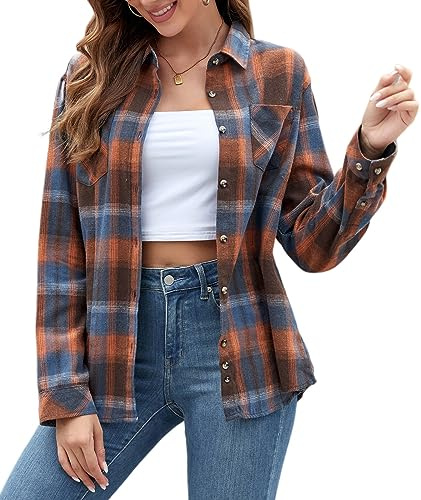Deer Lady Dam Rutig Flanellskjorta Casual Button Down-skjortor Överdimensionerade Långärmad Blus Toppar 230821-1, Z-821-orange blå, L