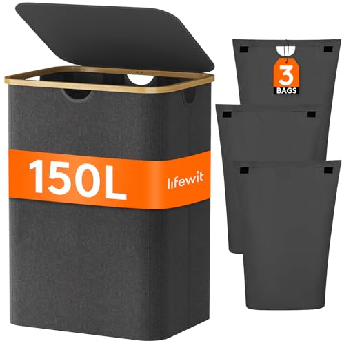 Lifewit 150L Wäschekorb mit Deckel, Wäschesammler 3 Fächer, Wäschebox Groß,Wäschesortierer, Wäschetonne,Wäsche Sortieren, Wäschebehälter,Laundry Baskets für Wäschekammer, Bad, Schlafzimmer,Dunkelgrau