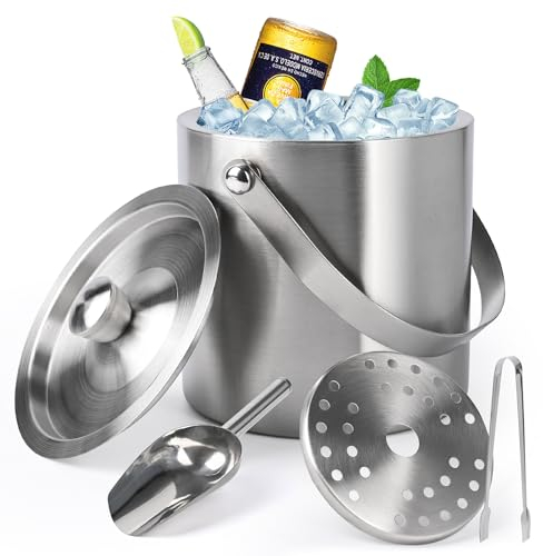 Banaone 2L Contenitore del Cubetto di Ghiaccio, Secchio per Ghiaccio in Acciaio Inossidabile Isolato a Doppia Parete con Coperchio, Paletta, Pinze e Colino, Ideale per Cocktail Bar, Feste, Champagne