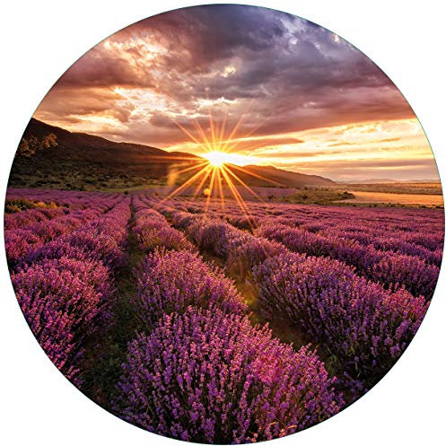 Wallario Glasbild rund Lavendelfeld bei Sonnenuntergang - Sonnenstrahlen - Rund, 50 cm Durchmesser Wandbild Glas in Premium-Qualität: Brillante Farben, freischwebende Optik
