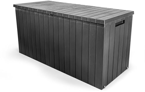 Dynamic24 Auflagenbox 268 L Holz Optik mit Tragegriffen und 2 Rollen Gartenbox Gartentruhe Auflagen Kissen Garten Box Truhe Terrasse Balkon Aufbewahrung rollbar