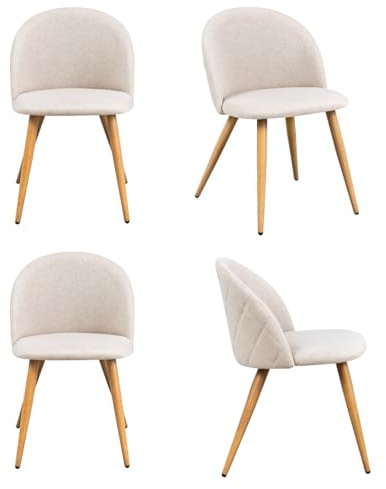 FurnitureR Lot de 4 chaises de Salle à Manger - Design Moderne en Forme de Coquillage - Tissu Beige Doux avec Pieds en métal - Assises élégantes pour la Cuisine - 46 x 49 x 77 cm