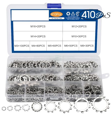 HEXHUASR 410 Stück/Set Außenzahn-Sicherungsscheiben-Sortiment-Kit 304 Edelstahl M3 M4 M5 M6 M8 M10 Stern-Sicherungsscheibe DIN6797A