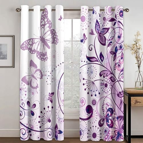 MTBDDyyds Vorhänge Für Kinderzimmer Jungen - 3D Lila Blume Schmetterling 137X117Cm - Kinderzimmervorhänge Mit Ösen, Verdunkelungsvorhang Gardinen Schals Vorhang Blickdicht