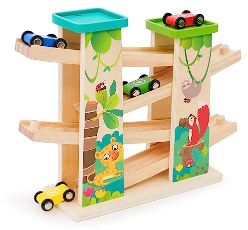 Wooden Car Ramp Toys Click Clark Race Cars Wooden Race Track Car Ramp Racer Zig Zag Track with 2 Parking Lot Garage 4 mini Cars Slide Montessori Toys Gifts for Toddlers Boys Girls 1 2 3 +