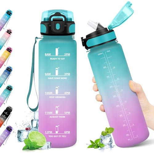 KollyKolla Trinkflasche 1L，Trinkflasche mit strohhalm, Sport Trinkflasche mit Zeitmarkierung, Auslaufsicher Wasserflasche Kohlensäure Geeignet für Kinder, Fahrrad, Schule, Maedchen, Junge
