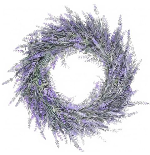 Bangbobi Corona di Lavanda Artificiale 45 cm, Decorazione per la Porta d'ingresso, Corona di Primavera, Corona di Porta di casa all'Esterno, Corona di Porta Moderna per Tutto L'Anno