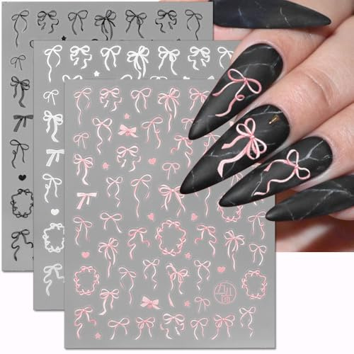 Schleife Nagelsticker Herz Schleifenknoten Nail Sticker Schwarz Weiß Rosa Bögen Nagel Sticker Französisch Ribbon Bows Nail Stickers Heart Bow Nagel Aufkleber Nageldesign Zubehör Nail Art