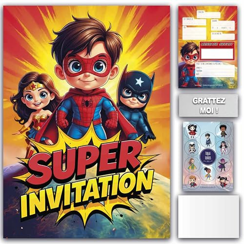 Lola et Louis (L&L) 10 Cartes Invitation Enfants avec Enveloppes pour fille et garçon • MESSAGE SECRET À GRATTER • Thème Super-Héros pour Anniversaire et Fêtes • Facile à Remplir • Qualité Premium