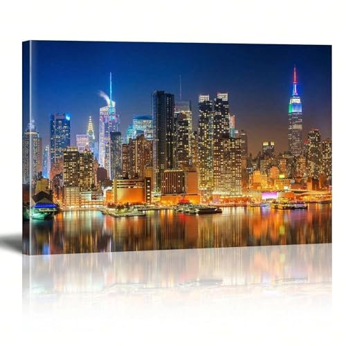 Gerahmter Leinwanddruck, Wandkunst, Panorama, Manhattan, New York, Architektur, Stadtbild, Landschaft, Farbposter für Wohnzimmer, 40 x 60 cm (16 x 24 Zoll), mit Rahmen