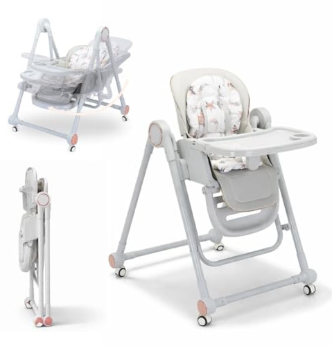 BATHBY Trona Evolutiva 3 en 1 – Plegable y Portátil, con Altura, Reposapiés, Respaldo y Bandeja todo Ajustables, 8 Niveles de Regulación y Sistema de Seguridad, Hasta 6 Años (Gris)