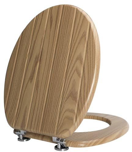 Angel Shield Wooden Toilet Seat Antibacterial Adjustable Hinges Wooden Toilet Seat Fits Never Slips for Bathroom (Classic, Striped Oak)