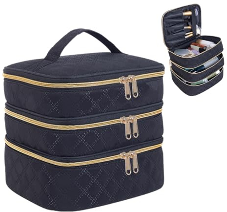 LANDFOBO Large Makeup Bag 3 Layers with Handle Travel Makeup Bag Organizer Toiletry Accessories Bottles, Brushes, and Skin Care Products (Blakc)