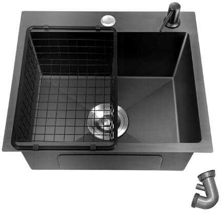 OUBUBY Évier de cuisine, rectangulaire, en granit, noir, 40 × 45 cm, petit, avec trous pour robinet, 1 bac en acier inoxydable