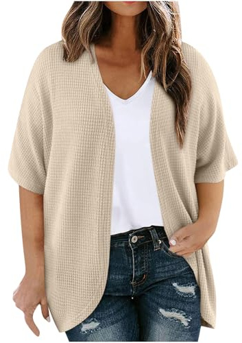 Cardigan Mujer Verano,Cárdigan de Manga Corta de Gofre Casual Color Sólido Bolero de Frente Abierto Transparente Holgado Chaquetas Cortos Fino Cárdigan Cover Up Talla Grande