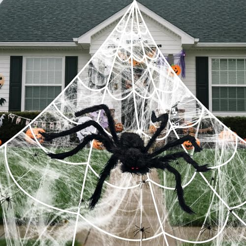 AllisWay Halloween Decoracion Exterior, 500CM Halloween Telaraña + 125CM Arañas Gigantes Halloween + 40G Halloween Telaraña + 20PCS Arañas, Adecuado para Decoración Interior y Exterior