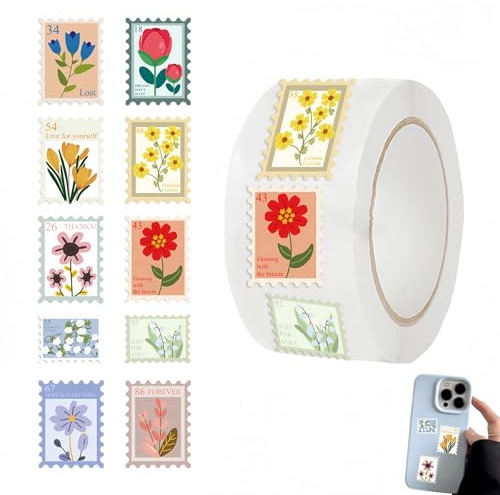 Floral Postage Stamp Stickers Roll, Personalised Flower Stickers Aesthetic, Flower Stamp Stickers Roll, Decorative Floral for Envelope Seals, 10 Styles Sticker Rolls Cartoon Flo/wer Stickers