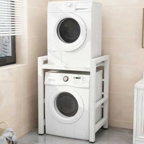 Meuble Machine à Laver et Seche Linge, Superposition Lave Linge Seche Linge, 3 Hauteurs Réglables, pour Buanderie Salon Salle De Bain Cuisine Balcon(White c)