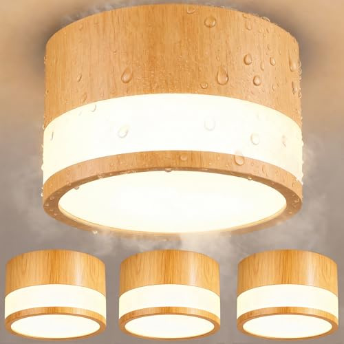 4er Aufbauspot mit Holzoptik, IP44 Wasserdichte für Badezimmer Küchen, Eiche LED Deckenspot Warmweiß für Wohnzimmer Flur, 12W 1100LM Aufbaustrahler Flach, Deckenlampe Aufputz 230V Feuchtraum, Rund