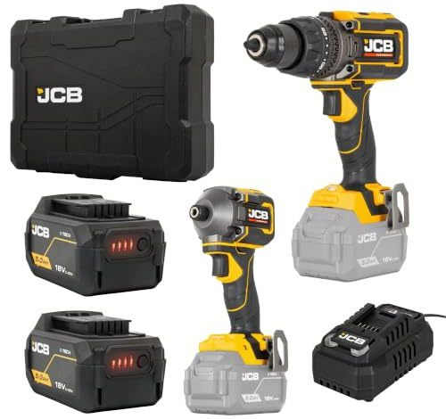 JCB Pro 18V Ultra-High Torque Brushless Twin Pack - 160Nm Combi Drill & 230Nm Impact Driver, 2X 5.0Ah Batteries, 4.5A Fast Charger & L-Boxx Case - 3 Year Warranty