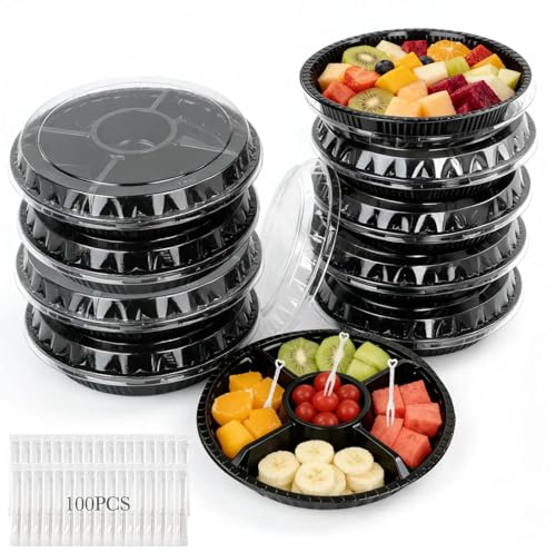 WRENYZK 10 Pcs Round Compartment Trays with Lids, Reusable Plastic Snack Tray with 100 Forks, 9.45Inch 5 Pack Compartment Trays and 5 Pack Black Serving Platters with 5 Grids, for Sushi Party Salad