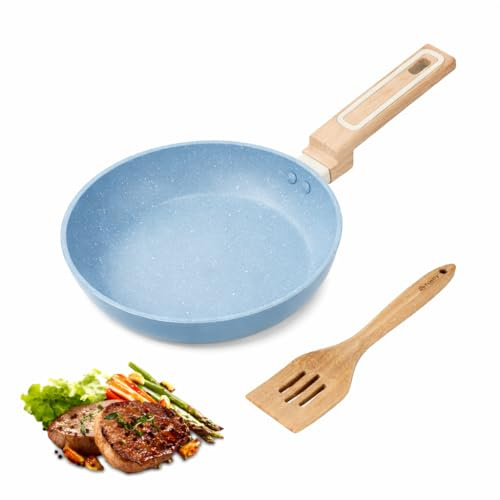 Family Padella in alluminio forgiato 22 cm antiaderente con spatola, rivestimento ecologico a base d'acqua, alta resistenza 300 °C, adatta per induzione, gas e vetroceramica, blu