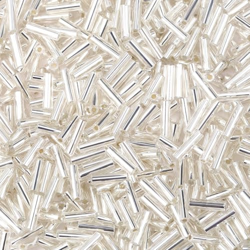 XIANNVXI 3000 Stück Silber Röhrenperlen Glasperlen zum Auffädeln Mini Glas Perlen Armbänder Ketten Stick Näharbeiten Sonnenfänger Bastelperlen 2×6mm Lose Silber Perlen zum Aufnähen mit 2 Perlennadeln