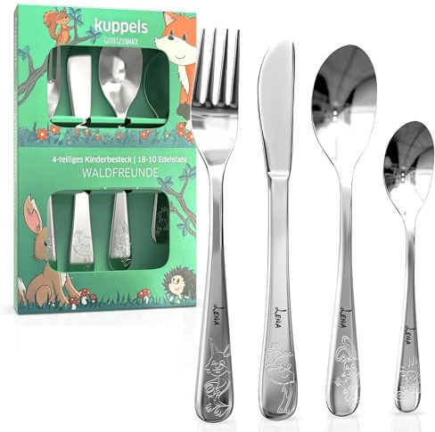 Kinderbesteck mit Namensgravur - Personalisiertes 4-teiliges Edelstahl Besteckset ab 4 Jahre - Taufgeschenk für Mädchen und Jungen - Spülmaschinenfest