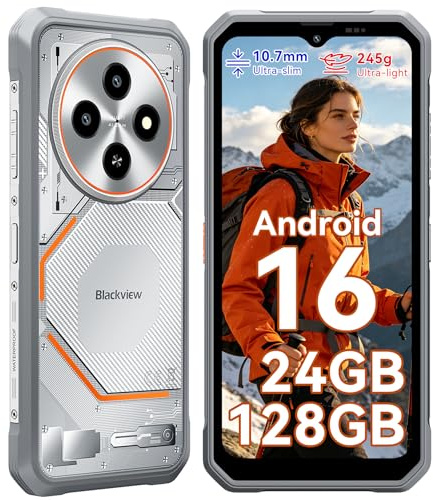 Blackview Outdoor Handy Ohne Vertrag Android 16, 24GB+128GB/2TB TF Baustellenhandy, 245g/10.7mm Ultra-Thin Outdoor Smartphone, 6.56 90Hz, 16MP AI Camera, IP69K/OTG/NFC/Gemini AI/3 Jahre Garantie